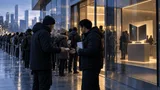 People queue outside a glass-fronted store at dawn while, off to the side, one person hands cash to another who holds a small device box.