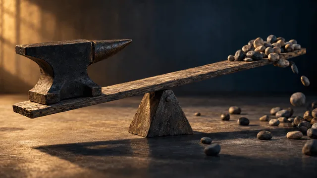 Here's an editorial photo concept:

A weathered wooden seesaw balanced on a fulcrum sits in a quiet studio setting: one side holds a single heavy iron anvil, the other side holds dozens of small smooth river stones scattered unevenly, some