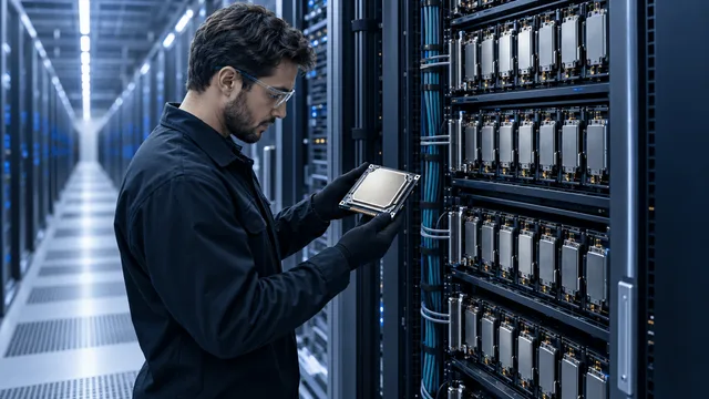An engineer in a data center holds up a custom AI accelerator chip module in front of a long row of server racks filled with similar chips.