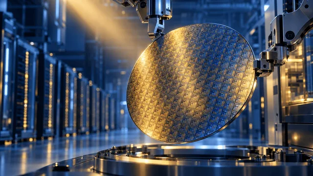A robotically suspended silicon wafer with intricate circuitry glows under dramatic light inside a clean semiconductor fabrication chamber, with server racks fading into the background.