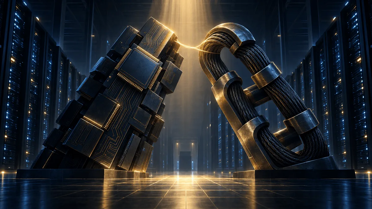 A dim, cinematic data center with towering server racks, where a chip-textured architectural structure and a chain-like vault structure lean toward each other under a shaft of amber light, connected by a thin glowing line, symbolizing a financing arrangement between a chipmaker and an AI company.