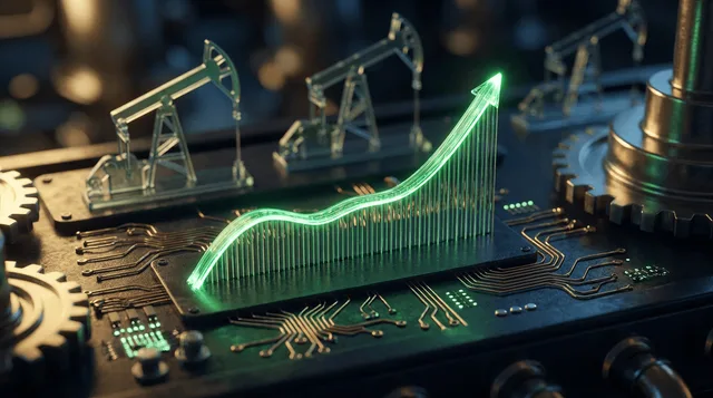 A bold upward-trending stock chart line breaking through a glowing ceiling or peak, rendered in vibrant green against a dark financial dashboard background.