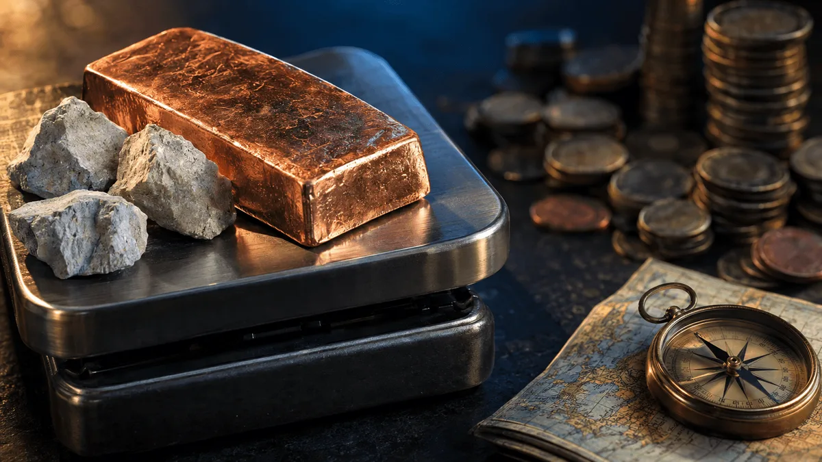 A polished raw copper ingot and a small pile of unrefined limestone chunks sit on a stainless steel industrial scale, catching bright overhead light, while just out of focus in the background rests a stack of dulled, tarnished coins pushed