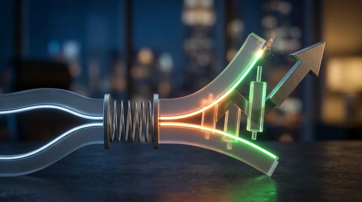 A close-up of a stock chart showing Bollinger Bands dramatically squeezing together into an ultra-tight formation, with the price line coiled between the converging bands like a compressed spring.