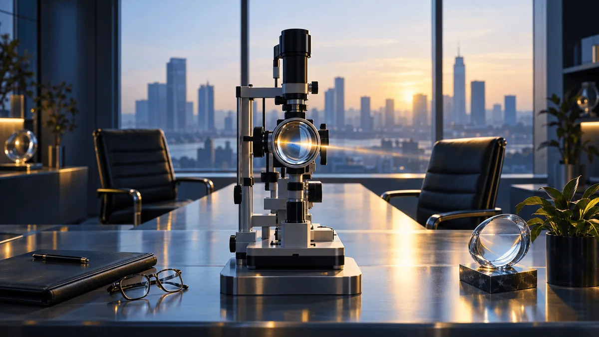 A boardroom scene with an empty and an occupied leather chair beside a precision optical lens instrument on a steel table, lit by soft dawn light through large windows, symbolizing a corporate leadership transition in an eye-care company.