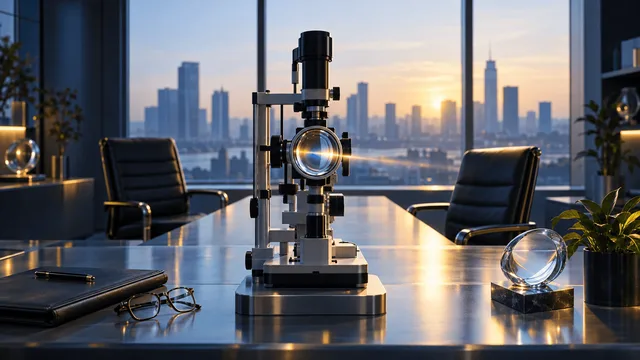 A boardroom scene with an empty and an occupied leather chair beside a precision optical lens instrument on a steel table, lit by soft dawn light through large windows, symbolizing a corporate leadership transition in an eye-care company.