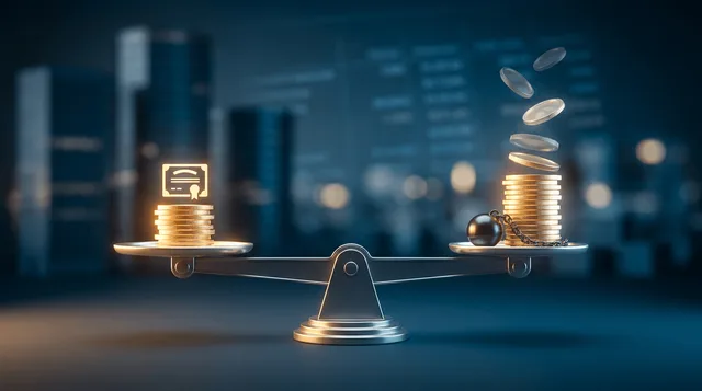 A stylized weighing scale or balance beam set against a clean financial-blue background: on one side sits a single glowing stock certificate or coin stack representing "market cap," while the other side holds that same stack plus additional