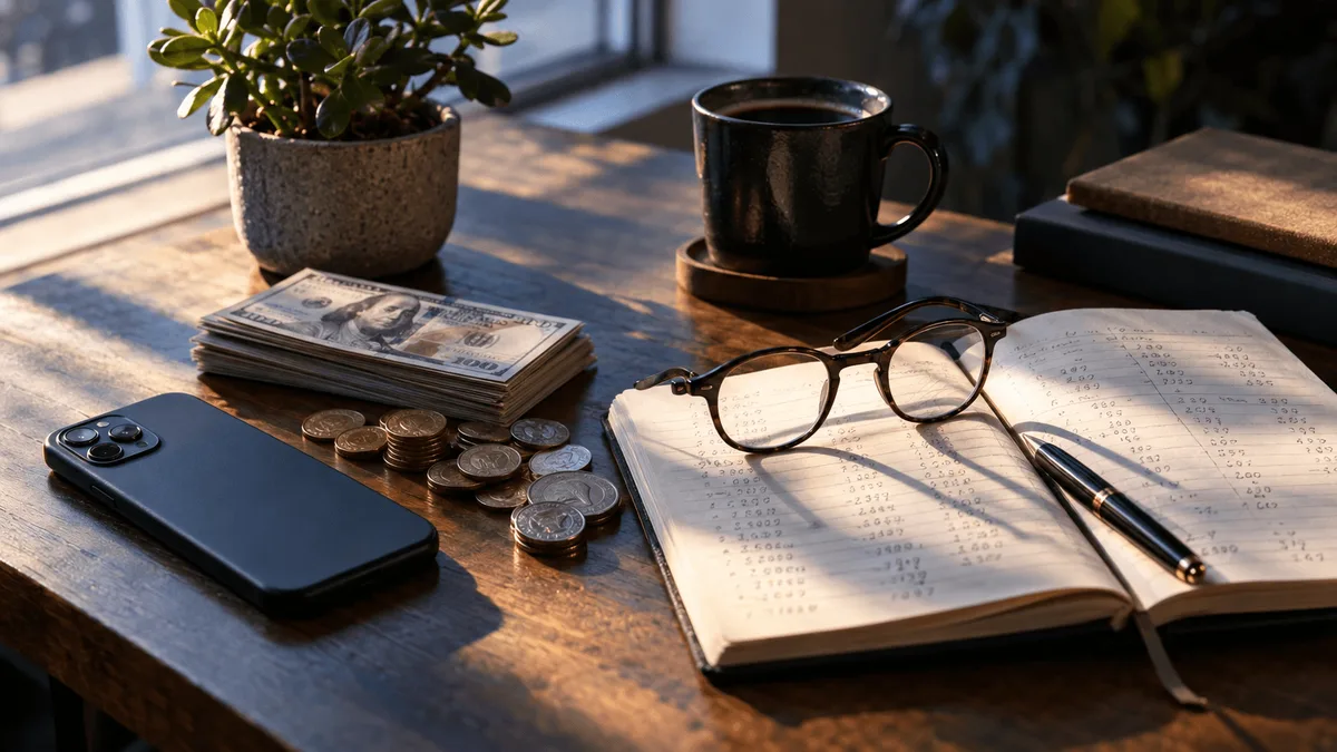 A single smartphone sits face-down on a wooden desk beside a neat stack of hundred-dollar bills and loose coins, with a pair of reading glasses resting on an open paper notebook filled with handwritten calculations and a simple two-column l