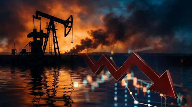 A dramatic split-scene composition showing a massive oil barrel or crude oil derrick silhouetted against a fiery, smoke-filled Middle Eastern sky, with the warm orange glow of conflict reflecting off dark waters below.