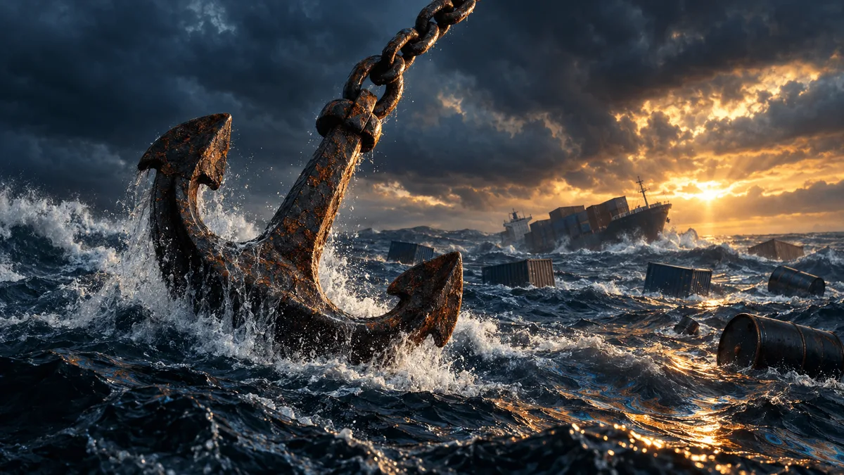 A rusted ship's anchor strains against a taut chain as it is pulled upward out of a dark, storm-tossed sea streaked with an oily sheen, with a tilted cargo ship and floating oil drums visible in the turbulent distance under an amber-lit stormy sky.