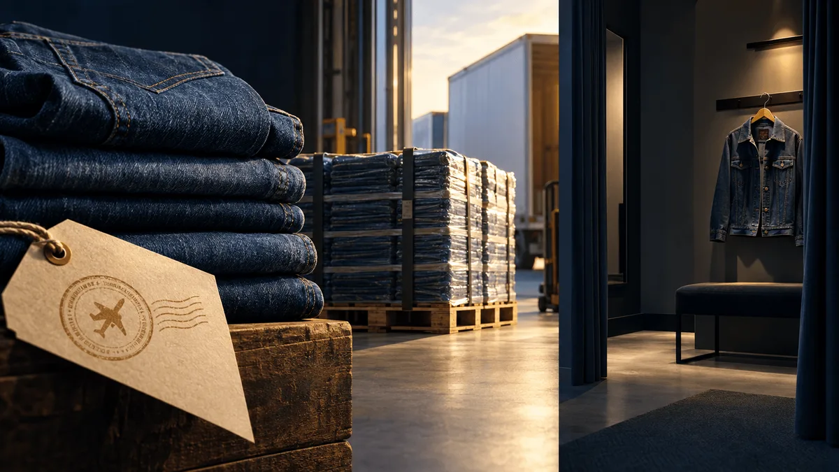 A conceptual split scene showing folded denim jeans under warm light beside an empty, dim fitting room with a lone denim jacket, symbolizing contrasting gains from tariff refunds and softness in direct retail sales.