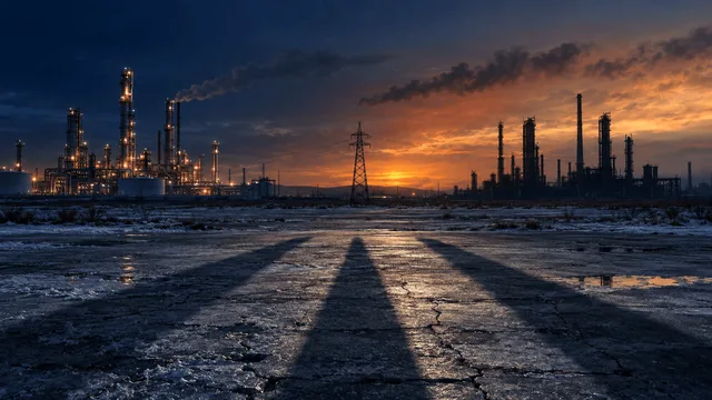 A twilight industrial skyline with a refinery half-lit and half-dark, three long shadows converging without touching under a smoky amber sky, symbolizing an uneasy standoff over an energy ceasefire.