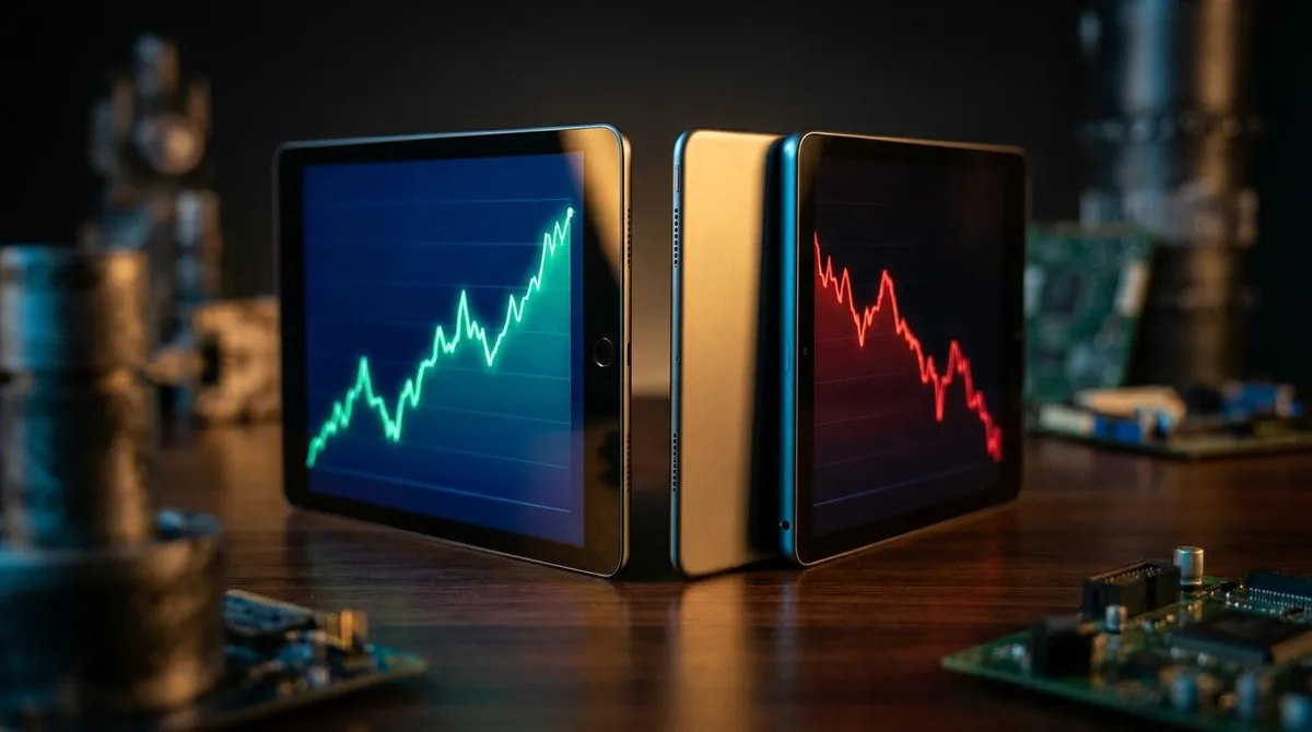 A split-screen composition showing two stock market chart lines — one trending confidently upward in bright green against a dark background, and the other diverging sharply downward in red, visually representing conflicting market signals. The charts could be displayed on sleek financial screens or tablets facing opposite directions, creating a sense of tension and contradiction. The overall mood should feel urgent and analytical, with dramatic lighting that emphasizes the stark contrast between