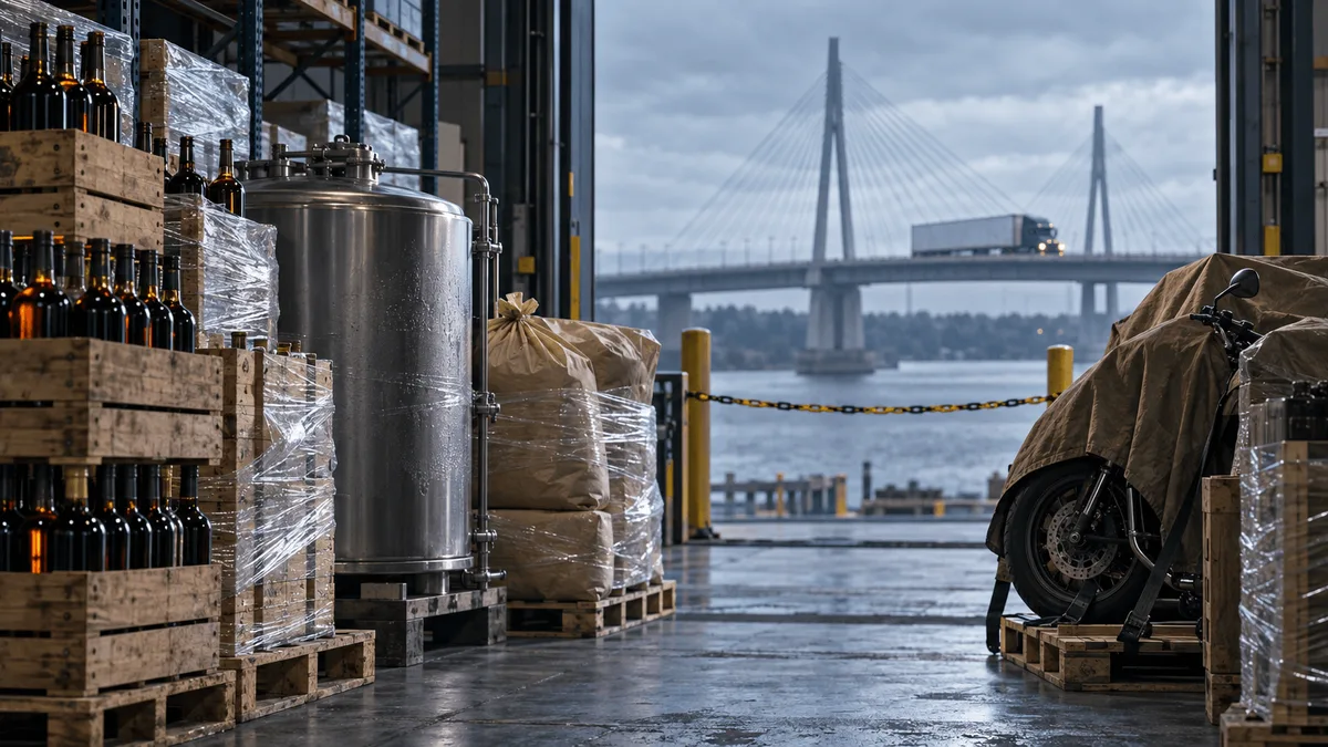 A warehouse loading dock with pallets of wrapped bottles, a dairy tank, sacks of bulk goods, and a tarp-covered motorcycle behind a caution chain, with a distant border bridge and a halted freight truck visible through the open bay door.