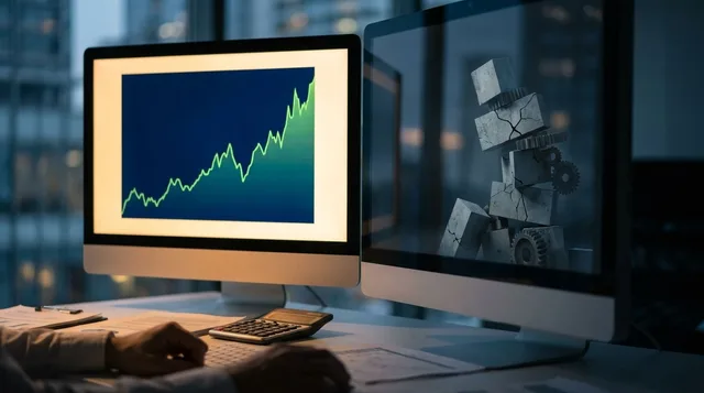 A trader sits confidently at a glowing screen showing a sharply rising green chart, but their reflection in the monitor subtly reveals a crumbling or unstable foundation beneath them. The contrast between the triumphant upward trend and the hidden structural weakness captures the core danger of mistaking luck for skill. Warm, confident lighting on the surface gives way to darker, cautionary shadows in the reflection, creating an immediate visual tension.