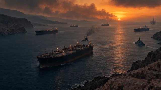 Aerial view of a tanker emitting smoke in a narrow strait at dusk, with other ships and arid coastlines in a hazy, tense atmosphere.