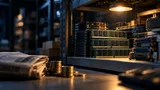 A close-up of stacked memory modules and circuit boards arranged neatly on a steel warehouse shelf, lit by a single overhead industrial lamp while the rest of the room fades into shadow.