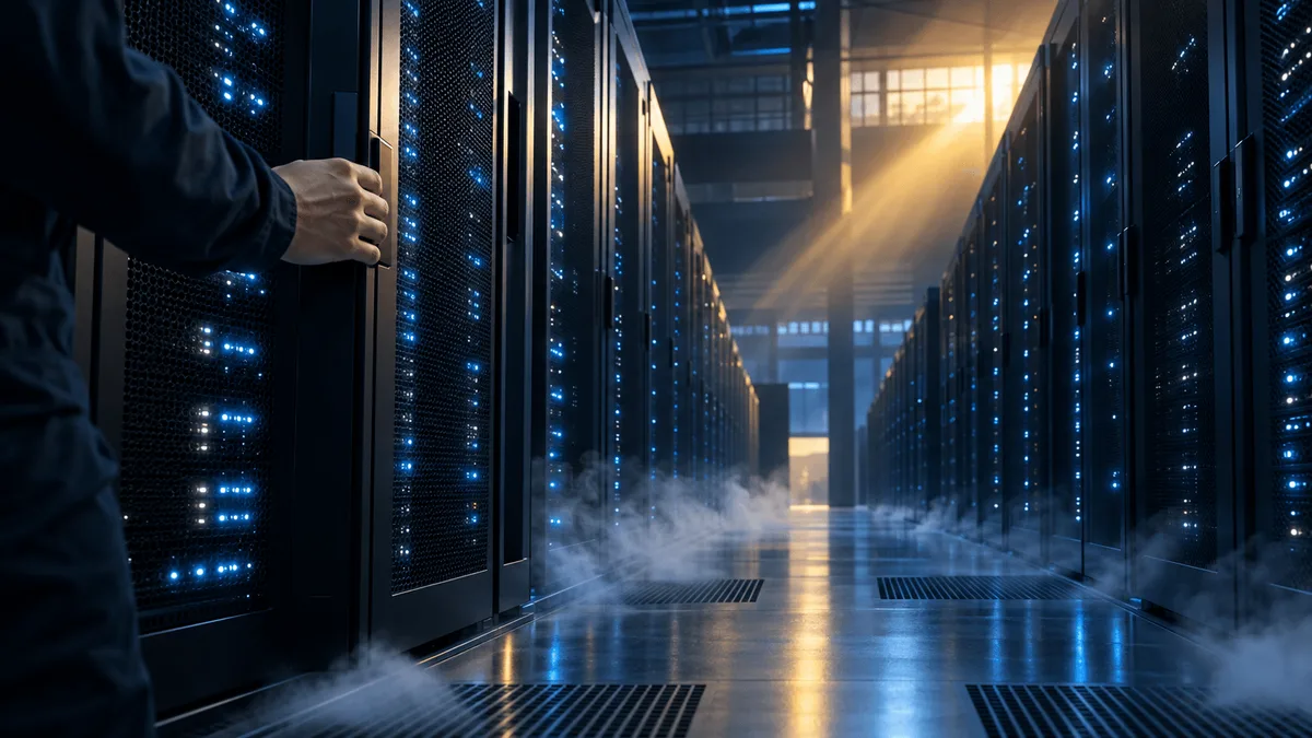 Rows of illuminated server racks in a dim data center, with a warm beam of light cutting across the cool blue glow, evoking advanced AI computing infrastructure.