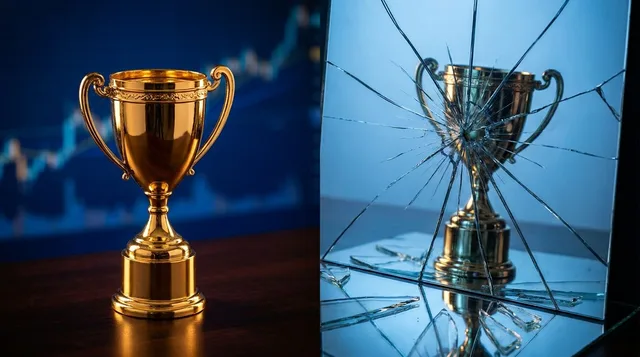 A split image showing a gleaming trophy or gold medal on one side, reflected in a cracked or shattered mirror on the other side, symbolizing how something excellent can still disappoint. The reflection distorts the trophy into something diminished or broken, visually capturing the gap between reality and inflated expectations. Cool, high-contrast lighting with blues and golds reinforces the financial tension between genuine achievement and market disappointment.