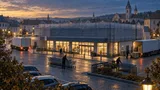 An unbranded European supermarket storefront at dusk with scaffolding and delivery trucks, symbolizing a retail business changing ownership.