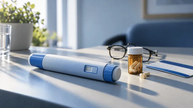 Still life of an injectable pen and a pill bottle on a clinical table, symbolizing the split between injectable and oral obesity medications now covered under a new Medicare program.