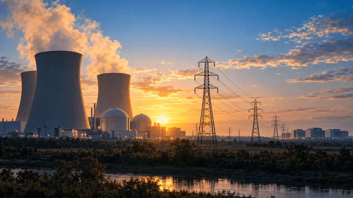 A nuclear power plant with steaming cooling towers at dawn, connected by transmission lines to distant data center buildings on the horizon.