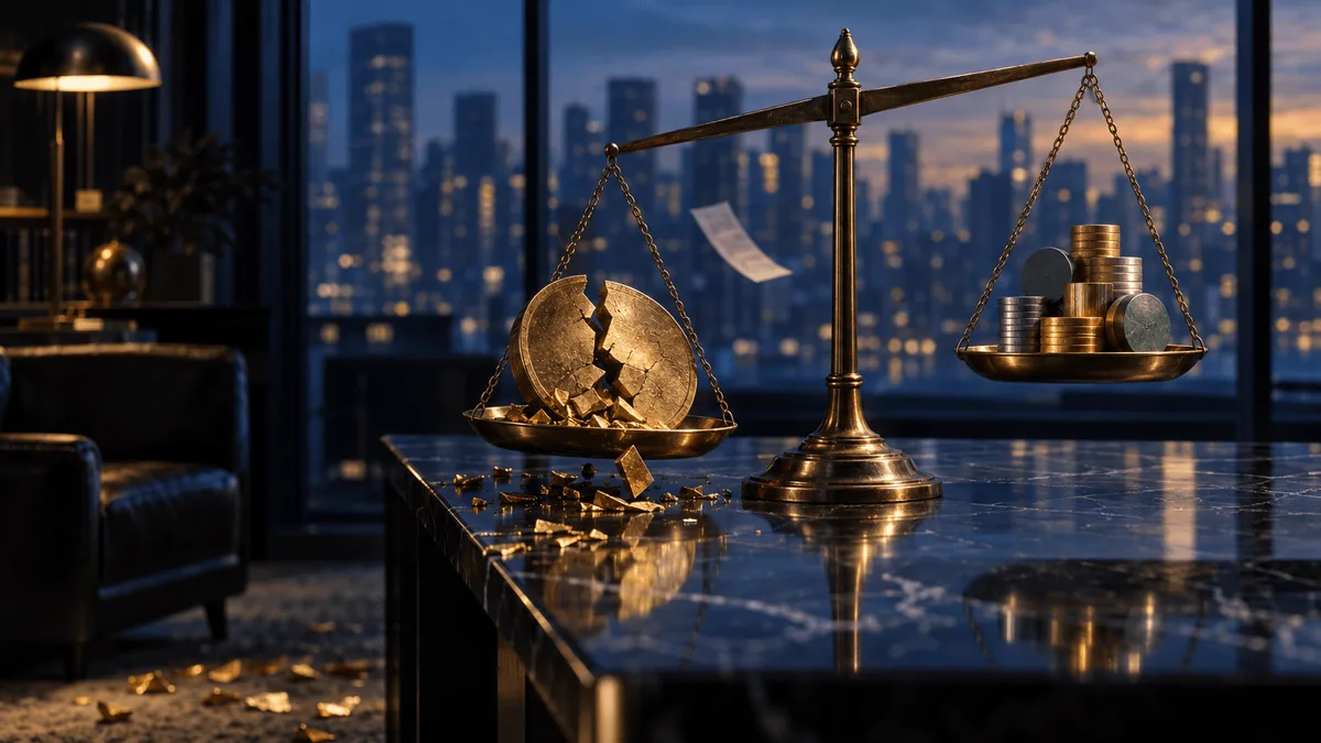 A tipping brass balance scale with a cracked golden coin sinking on one side and a rising stack of smaller metallic tokens on the other, set against a blurred city skyline at dusk, symbolizing a sharp crypto revenue decline offset by growth in other trading segments.