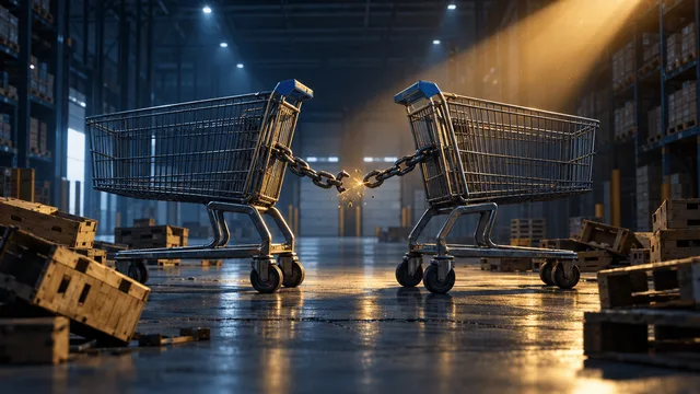 Two large identical shopping cart silhouettes pulling apart from each other in a dim industrial warehouse, connected by a thick chain with one link breaking apart, surrounded by toppled empty crates and pallets, symbolizing a collapsed merger.