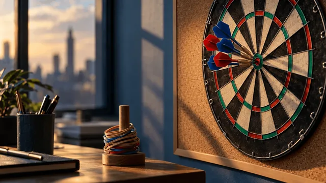 A pinned corkboard with a cluster of magnetic darts all gathered tightly around a single ring on a dartboard's bullseye, mounted on an otherwise empty office wall.