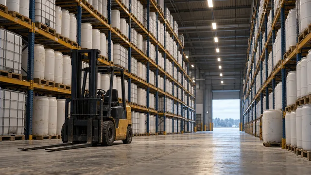 A wide interior view of an agrochemical warehouse with tall racks of unmarked storage drums stacked high and an idle, unused forklift in the foreground, conveying a buildup of unsold inventory.