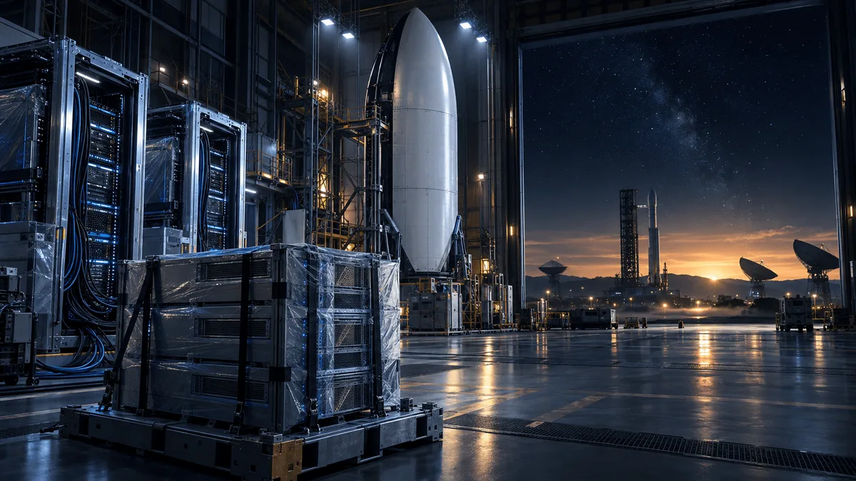 A rocket fairing and racks of server hardware share a vast aerospace hangar at night, with a satellite dish and distant rocket visible through the open bay door under a dawn sky.