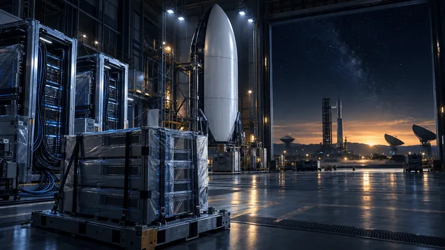 A rocket fairing and racks of server hardware share a vast aerospace hangar at night, with a satellite dish and distant rocket visible through the open bay door under a dawn sky.