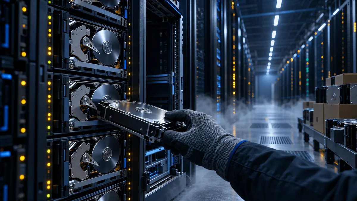 A dim data-center aisle with server racks of hard disk drives; a technician installs a new drive while nearby crates suggest incoming expanded storage capacity.