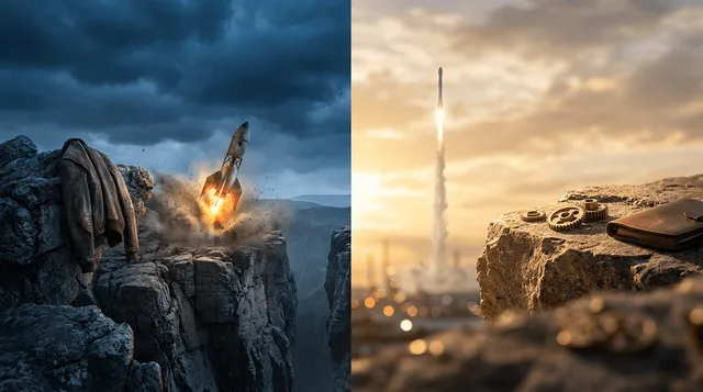 A split image concept showing a lone figure standing confidently on one side of a chasm, watching a rocket (subtly evoking Elon Musk's SpaceX aesthetic) launch prematurely and crash on the other side, while a second rocket successfully lifts off in the background. The scene is bathed in dramatic contrasting light — dark stormy skies on the early-entry side versus golden sunrise light on the patient, well-timed side. This visually captures the core tension between being too early versus being rig