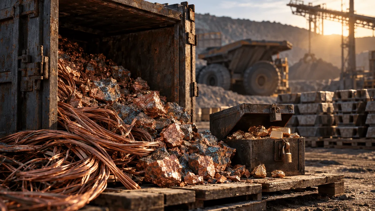 A weathered steel shipping crate sits open on a dusty mine-site loading dock, spilling raw copper ore chunks and tangled lengths of stripped copper wire across wooden pallets, while in the soft background a dump truck's tire and a stack of