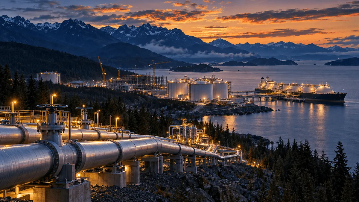 Aerial dusk view of a British Columbia coastal natural gas pipeline network leading to an LNG export terminal with tanker ship, framed by forested mountains and construction cranes symbolizing energy expansion.