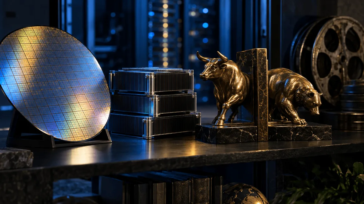A close-up still life on a trading-desk shelf: a polished silicon wafer and a small stack of matte server-rack heat sinks arranged beside a brass bull-and-bear bookend, lit by cool blue-white light suggesting data-center infrastructure.