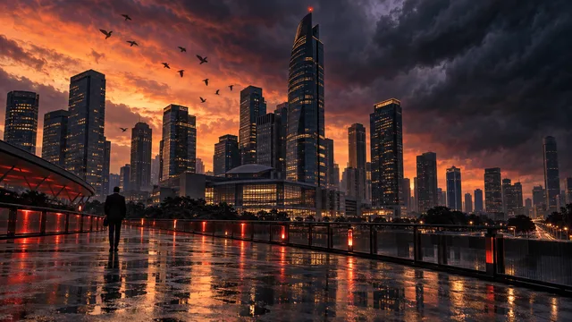 Dusk skyline of Jakarta's financial district with storm clouds gathering over the stock exchange towers, reflected in rain-streaked pavement, suggesting market turmoil.