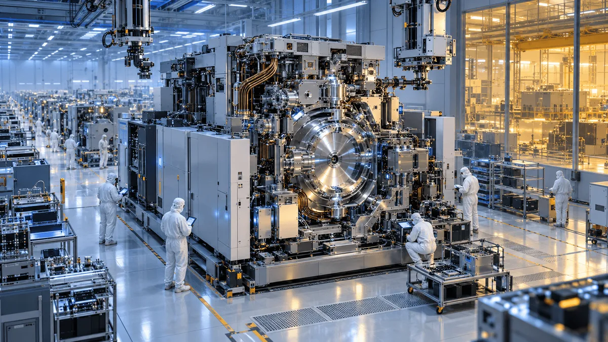 An expansive cleanroom factory floor showing a giant EUV lithography machine under construction, surrounded by engineers in cleanroom suits and rows of partially assembled machines in the background.