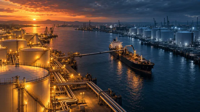Aerial view of two diesel storage tank terminals connected by a dockside pipeline across a waterway, one lit in warm tones and the other in cool tones, with a tanker ship mid-transfer under a dramatic dusk sky.