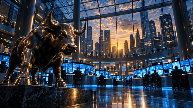 A wide cinematic view of a modern trading floor at dusk with glowing monitor desks, a glass ceiling reflecting the city skyline, and a bronze bull statue in the foreground symbolizing market strength.