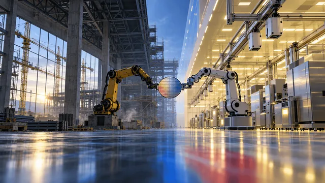 A half-built industrial fab hall transitions into a glowing cleanroom, with two robotic arms reaching toward each other over a suspended silicon wafer, symbolizing an unfinished partnership between construction and advanced chip manufacturing.
