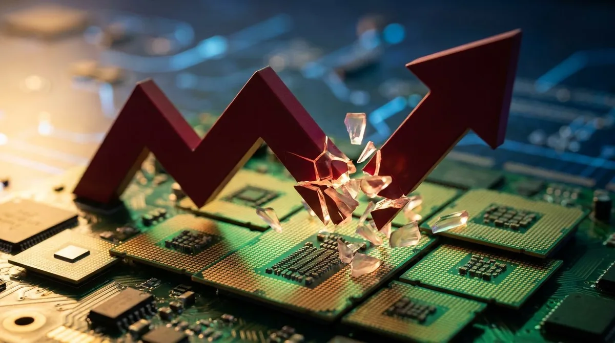 A dramatic downward-plunging stock chart arrow rendered in deep red crashes against a backdrop of glowing green semiconductor chips or HBM memory modules, creating a stark visual contradiction between technological prosperity and market pun