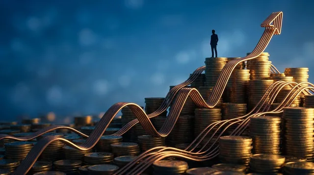 A confident figure stands at the peak of a steep upward-trending mountain made of golden coins and stock chart lines, with a clear blue sky stretching endlessly ahead.