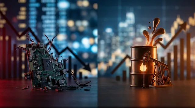 A split-screen composition shows a dramatic downward-trending stock chart in deep red on one side, contrasted against a glowing oil derrick or rising crude oil barrel graphic on the other, set against a dark financial market backdrop.