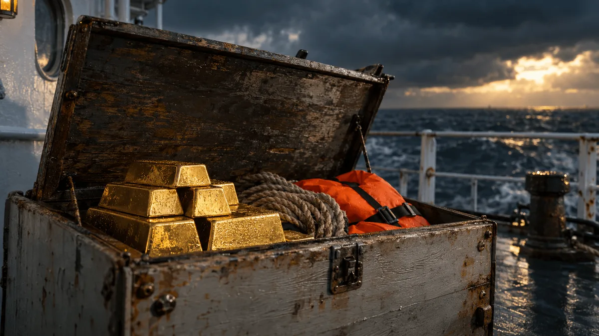 A weathered wooden lifeboat locker sits bolted to a ship's deck, its lid propped open to reveal a stack of dull gold bars nestled beside a coiled rope and a folded orange life vest.