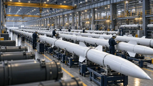 Wide interior view of a missile factory with long rows of unmarked white missile bodies on assembly cradles, technicians in coveralls inspecting components, overhead cranes and industrial lighting emphasizing large-scale production.
