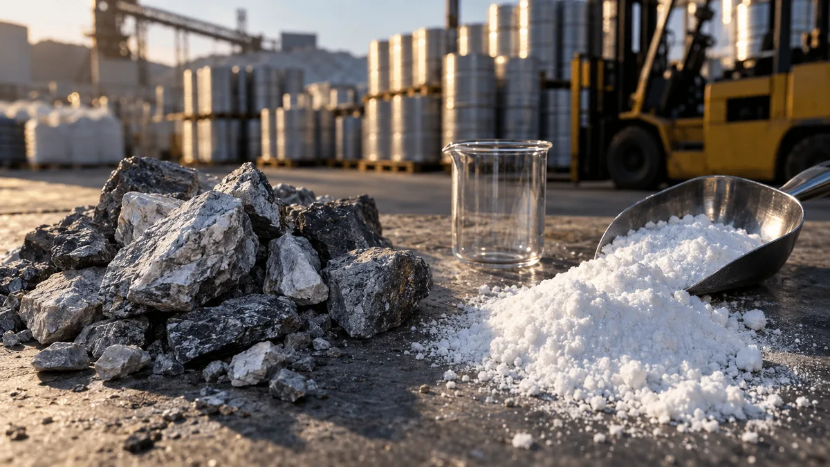 Overhead shot of raw gray lithium ore chunks and loose white salt-like lithium carbonate powder arranged in separate neat piles on a concrete industrial surface, with a stainless steel scoop and a small empty glass beaker resting beside the