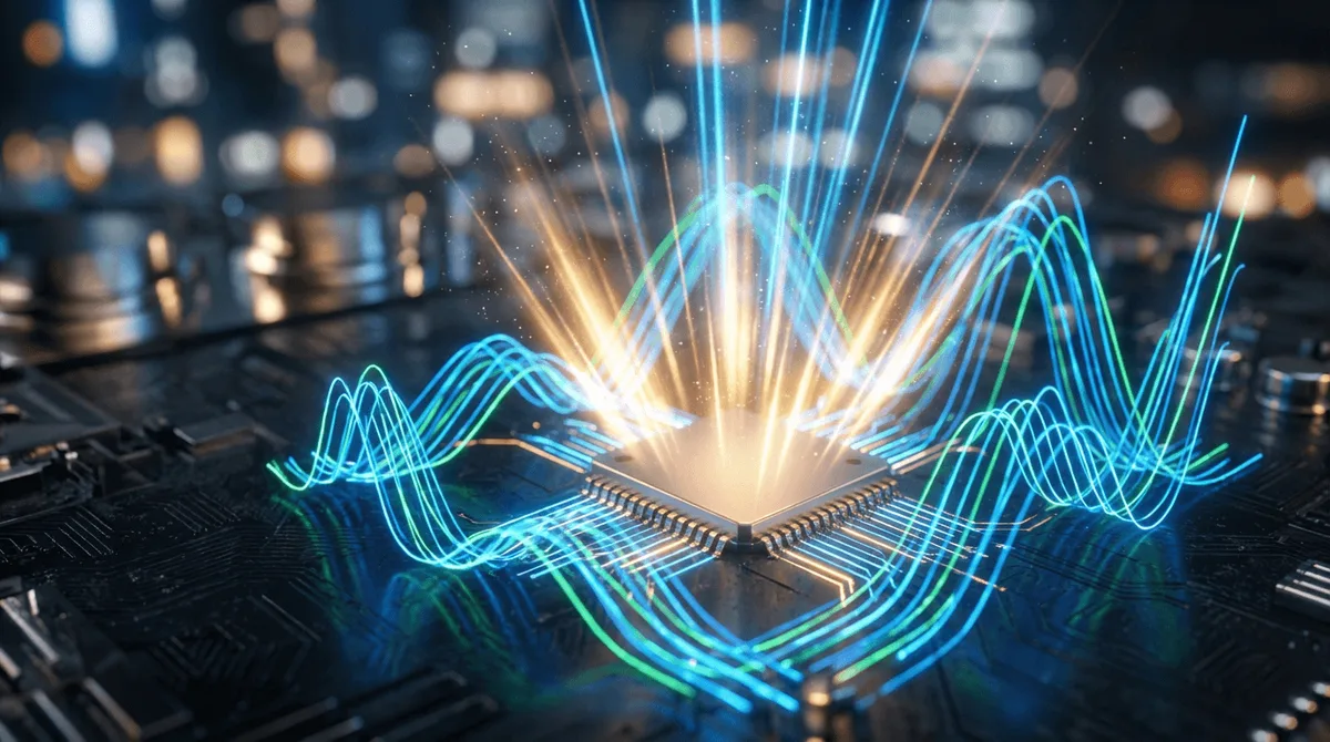 A dynamic upward-trending stock chart rendered in electric blue and green glows against a dark background, with a bold semiconductor chip or circuit board motif integrated into the composition.