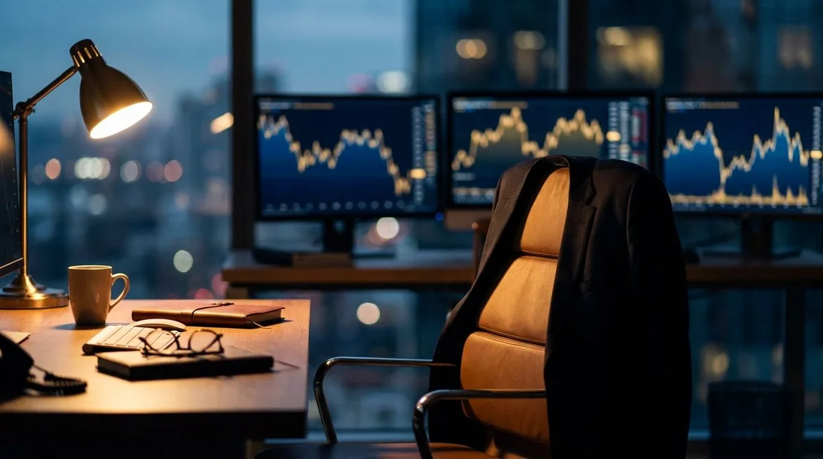 A trader sits back in their chair at a desk, arms crossed and relaxed, deliberately stepping away from multiple glowing screens displaying volatile, jagged market charts. The mood is calm and composed — a deliberate contrast between the chaotic, conflicting price movements on the screens and the trader's patient, unhurried posture. Warm, focused lighting emphasizes the sense of disciplined restraint, visually capturing the power of choosing *not* to act.